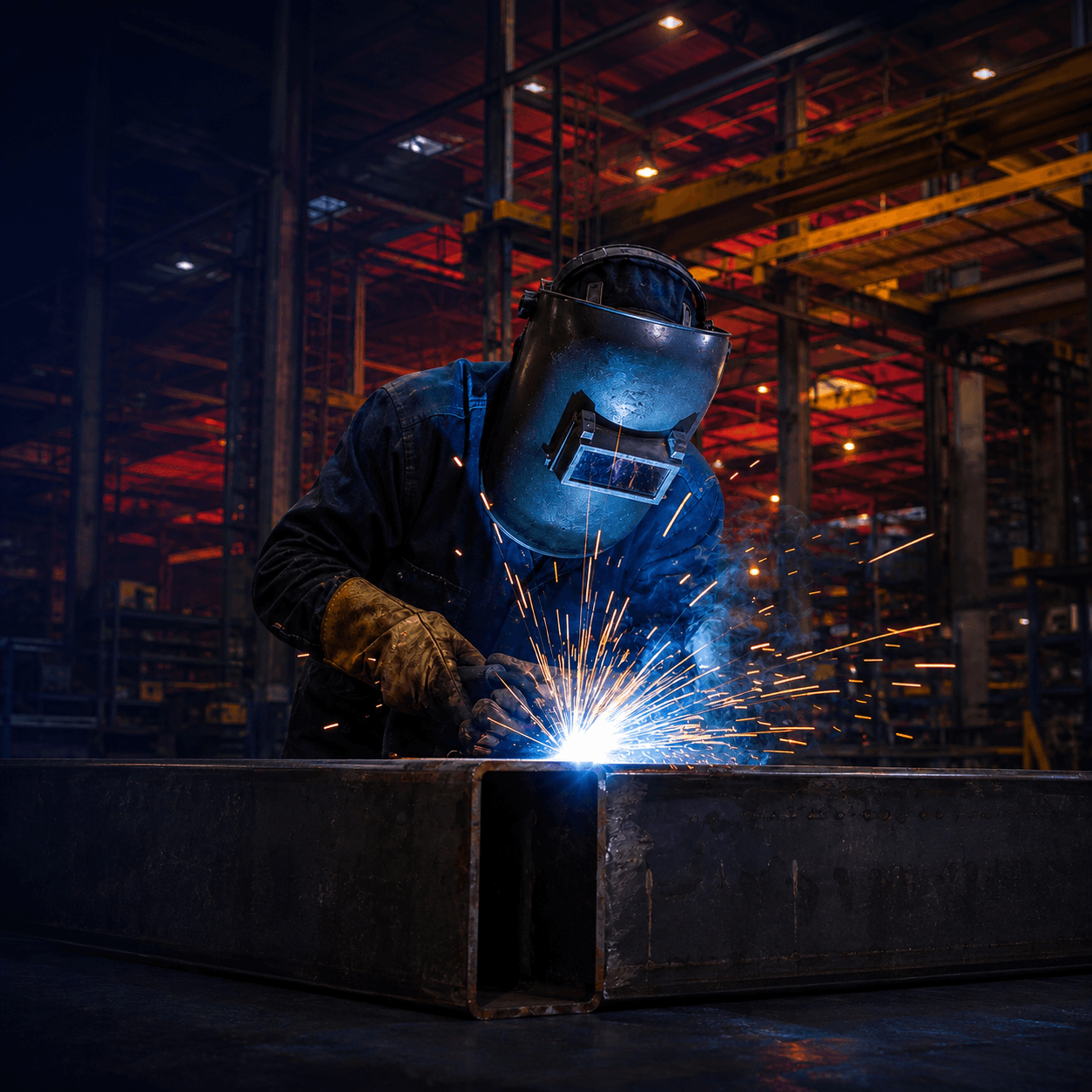 Welder joining structural steel in a fabrication shop